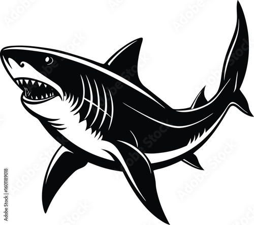 Vector art of a ferocious shark with sharp teeth is swimming in the deep blue ocean hunting for prey