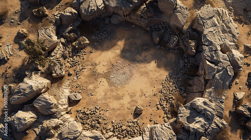 Top-down DnD battlemap, ancient desert pit circle, rocky fantasy design, realistic arid art.
