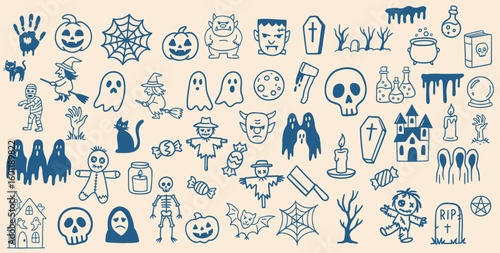 Halloween Doodle Icon Set ncludes ghosts, pumpkins, witches, haunted houses, skulls, monsters, candies, potions, and other iconic Halloween symbols. Perfect for party invitations, greeting cards