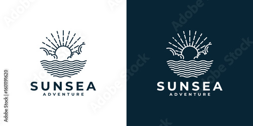 Nature landscape logo with sea and sunset or sunrise in vintage style monoline vector design