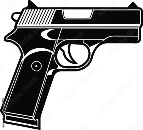 Black and white silhouette of a semi automatic handgun viewed from the side 