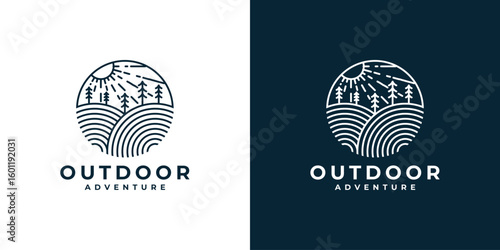 Nature landscape logo with tree and sunset or sunrise in vintage style monoline vector design