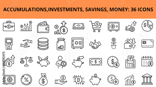 Icon set of accumulations, investments, savings, and money concepts  