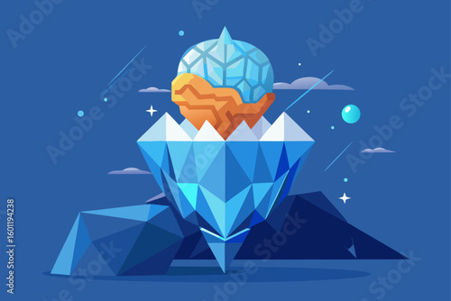 AI Brain Iceberg with Geometric Top and Submerged Light