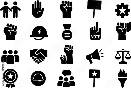 Collection of black silhouette icons representing social justice activism and community engagement