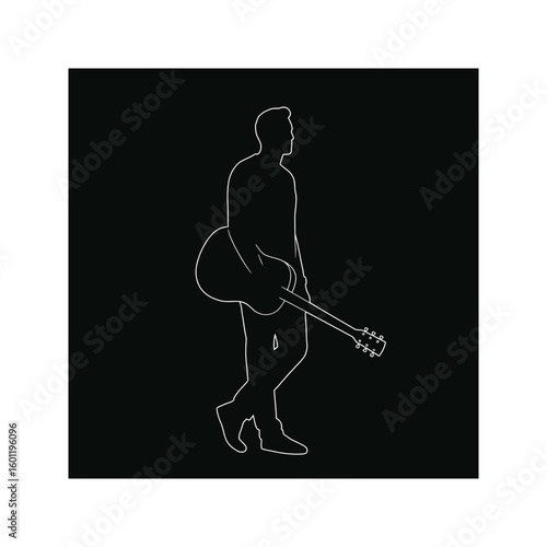 White Silhouette of Man Carrying Acoustic Guitar on Black Background
