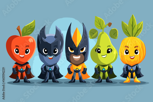Colorful Cartoon Superhero Fruits and Vegetables Characters for Fun and Playful Designs