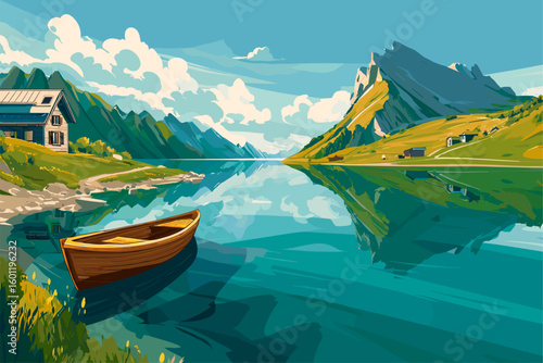 Scenic Mountain Lake with Wooden Boat and Vibrant Landscape