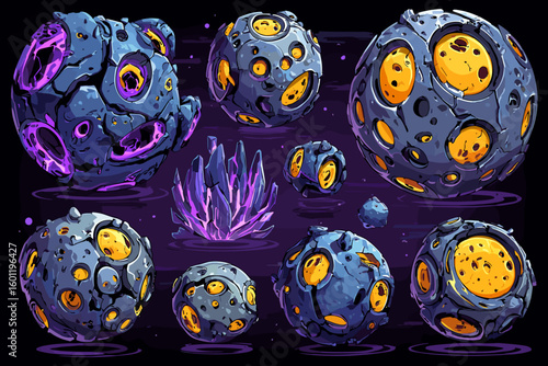 Colorful Cartoon Space Rocks and Crystals Collection for Creative Projects