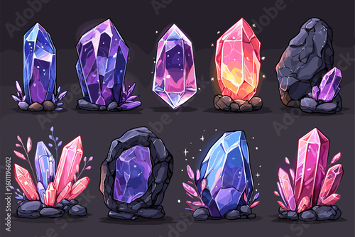 Colorful Fantasy Crystals and Gems Set for Game Design