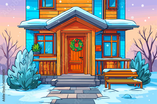 Charming Winter-Themed House with Snow, Wreath, and Frosted Trees