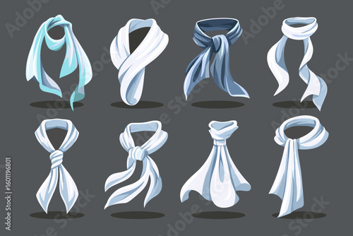 Collection of Stylish Silk Scarves in Various Tying Styles and Colors