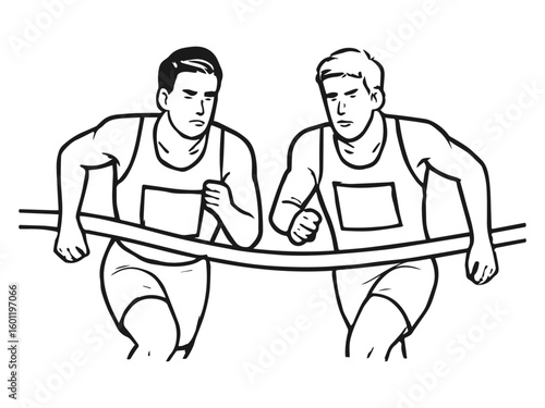 Two Runners in a Dead Heat Crossing the Finish Line, Sports Race Competition Sketch