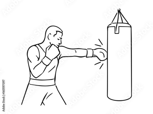 Boxer Punching a Heavy Bag, Boxing Training and Fitness Workout Line Art Illustration