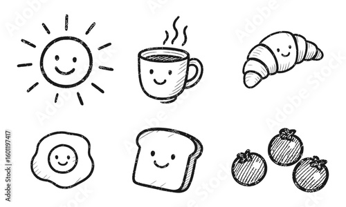 Cute Breakfast Food Doodle Set, Hand Drawn Kawaii Morning Characters Illustration