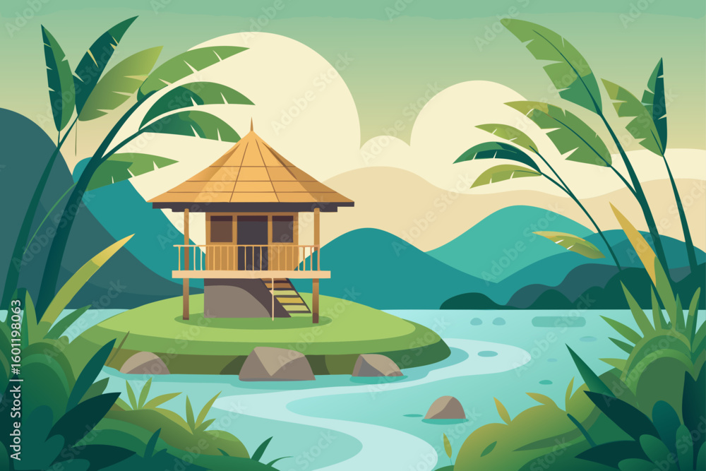 Obraz premium Minimal Bamboo Hut on a Curved Riverbank