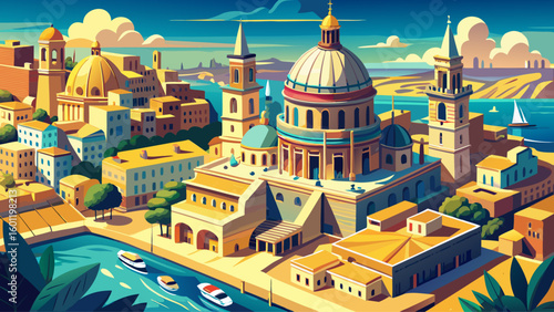  very Beautiful Aerial view of Lady of Mount Carmel church, St.Paul's Cathedral in Valletta city, Malta.