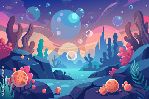 Multi Layered Coral Reef Landscape with Glowing Bubbles