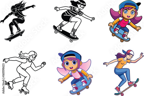 skater girl bundle vector 6 style: line art, outline, silhouette, kawaii, flat, minimalist,  Diverse collection of cartoon characters skateboarding with dynamic poses and styles