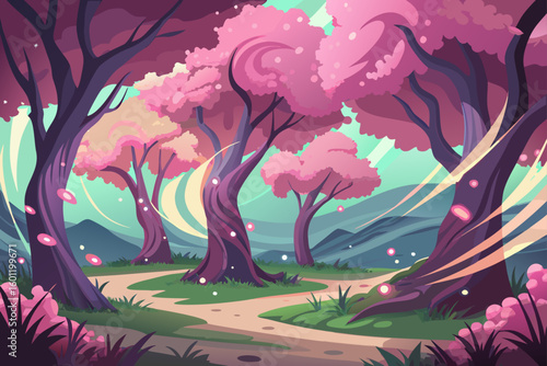 Stylized Cherry Forest with Glowing Wind Traces