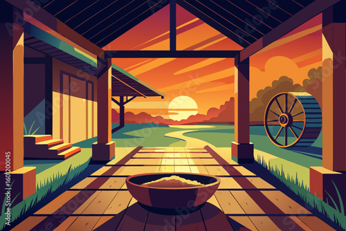 Sunset Lit Porch with a Rice Winnowing Frame