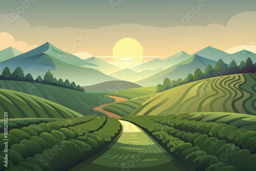 Tea Leaf Hills Rolling into a Soft Mist Horizon