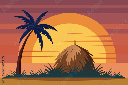 Vector Style Haystack and Coconut Tree Under a Radial Sun