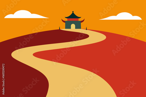 Warm Flat Countryside Temple Path Design
