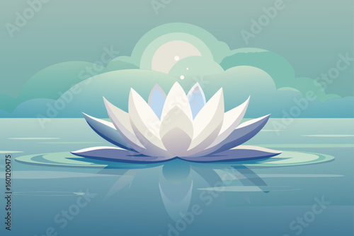 White Lotus Flower Floating on Still Water with Moon Reflection