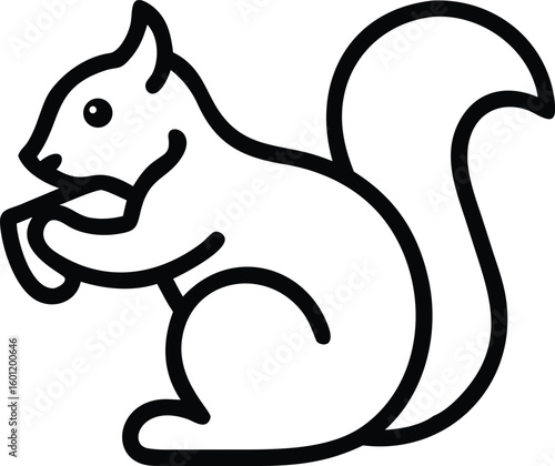 Simple out line drawing of a squirrel holding a nut with a bushy tail