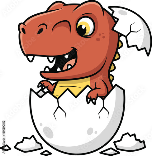 Cute baby dinosaur hatching from cracked egg with wink, cheerful cartoon creature for kids, cad drawing flat vector illustration