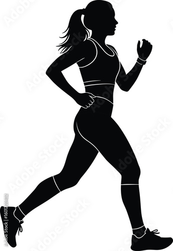 Silhouette of female athlete running in dynamic stride with ponytail and sporty outfit, cad drawing flat vector illustration for fitness use