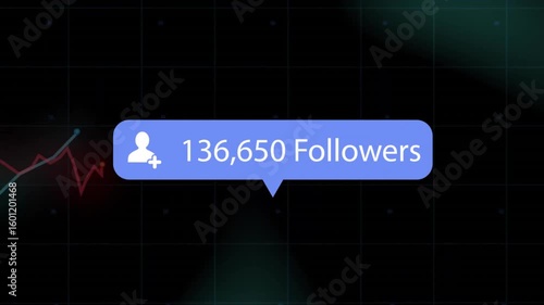 Dark grid overlaying line graphs initiating blue follower bubble updating counts tracking growth