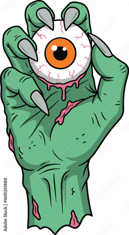 Monster hand holding eyeball dripping goo, horror cartoon illustration, creepy creature design, cad drawing flat vector illustration for Halloween
