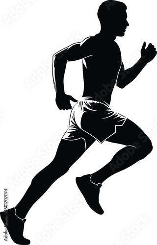 Silhouette of male athlete running in dynamic pose with sporty outfit and stride, cad drawing flat vector illustration for fitness design