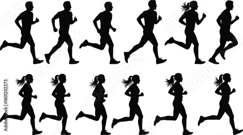 Male and female silhouettes running in motion sequence, sports exercise concept for animation and biomechanics, cad drawing flat vector illustration