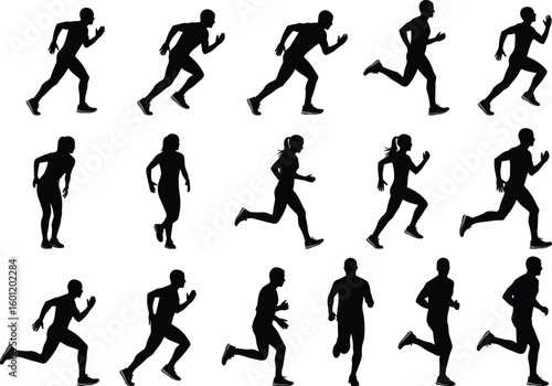 Running silhouette poses in biomechanics sequence, male figure motion breakdown for animation, cad drawing flat vector illustration for sports study