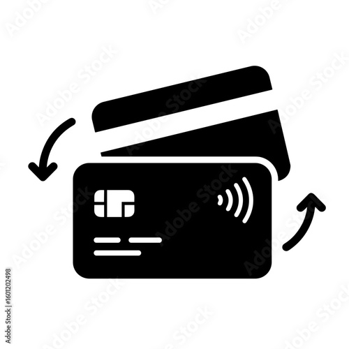 Credit card with contactless symbol and arrows indicating use  