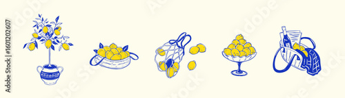 Set of blue and yellow lemon poster designs. Hand drawn doodle vector illustration. Summer Italian vacations. Mediterranean Sea Amalfi beach vacations. Dolce Vita coquette stile. Vintage retro print