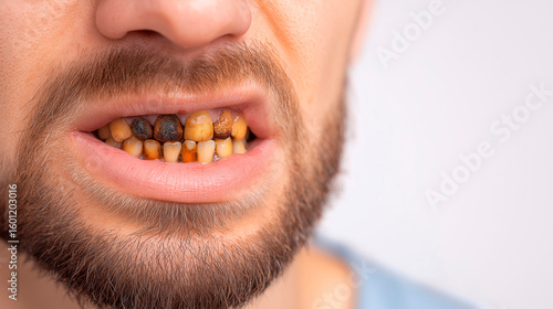 Close-up of male mouth with severely decayed and stained teeth