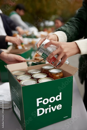 Hands placing can into food drive donation box outdoors , charity donation concept 