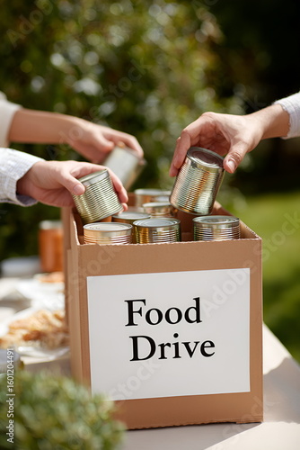 Hands placing jars into donation box during food drive event  , charity donation concept