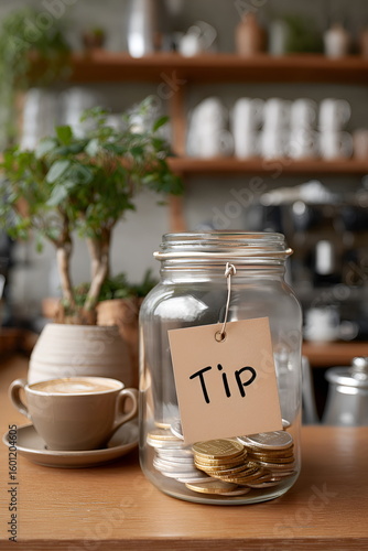 Glass tip jar filled with coins on wooden table in cafe  