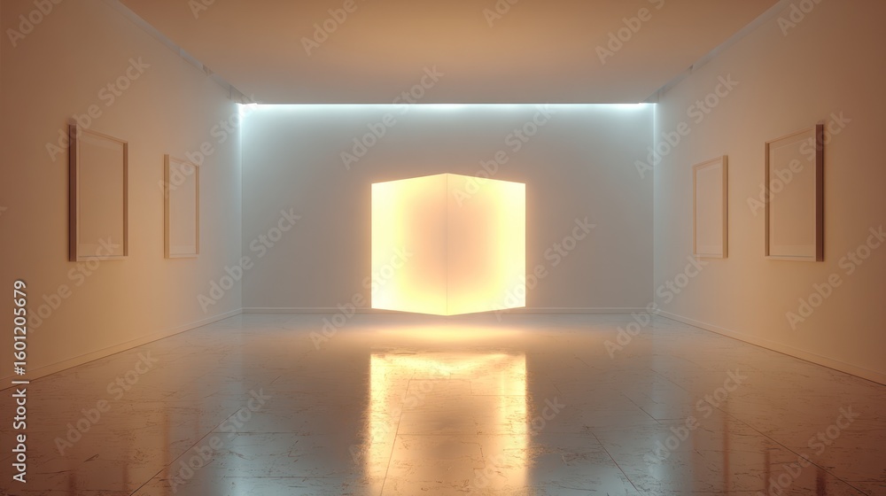 Fototapeta premium Empty gallery space, lit by warm, hexagonal light