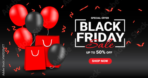 Minimal Black Friday Banner with Balloons and Confetti