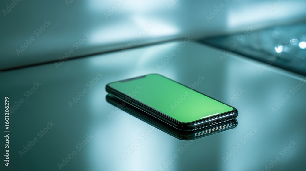 Smartphone with a green screen on a reflective surface Smartphone with a green screen on a reflective surface