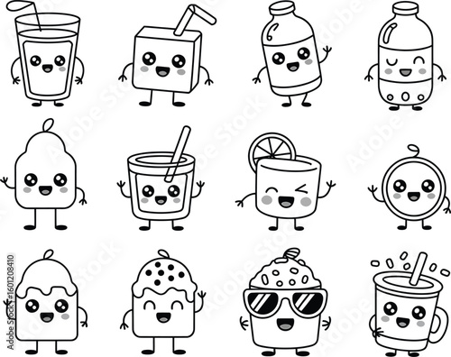 Collection of cute kawaii cartoon drinks and beverages with faces
