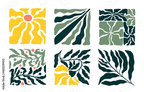 Set of abstract trendy groovy botanical illustration with nostalgic 70s vibe. Modern style flowers and wavy shapes good for a poster, cover or social media