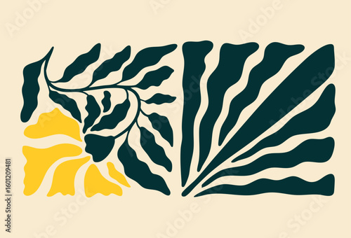 Set of abstract trendy groovy botanical illustration with nostalgic 70s vibe. Modern style flowers and wavy shapes good for a poster, cover or social media
