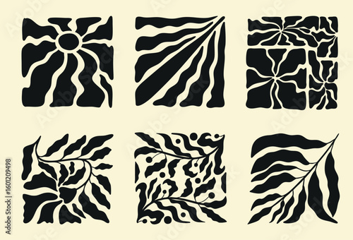 Set of abstract trendy groovy botanical illustration with nostalgic 70s vibe. Modern style flowers and wavy shapes good for a poster, cover or social media
